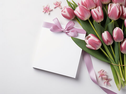 Flat lay arrangement includes flowers, wrapping paper, and a gift box on a gray tabletop
