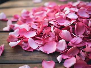 Obraz premium Flower petals set on a wooden backdrop offer a focused view of nature