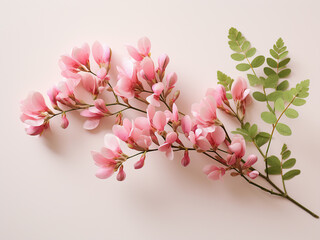 Pink flowers adorn a robinia neomexicana branch, showcased against a beige background