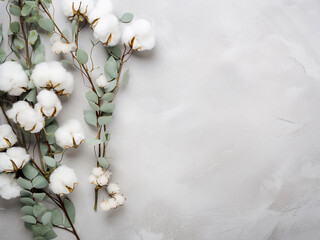 On a white stone background, a border of green eucalyptus and dry cotton offers space for text