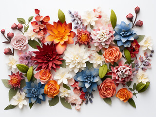 Colorful flowers and eucalyptus create an artistic pattern on white