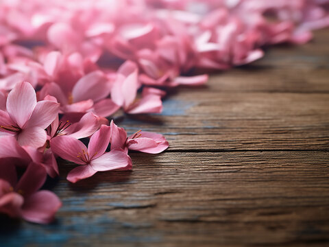 Wooden background serves as the canvas for displaying flower petals