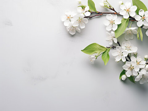 Apple tree blossoms arranged on a soft gray backdrop, embodying spring