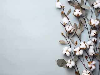 Delicate floral elements include fresh eucalyptus leaves and cotton flowers on a light background