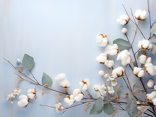Fresh eucalyptus leaves and cotton flowers create a delicate floral background in a flat lay