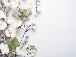 A flat lay view showcases fresh eucalyptus leaves and cotton flowers on a light background