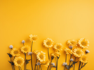 Yellow serves as the backdrop for a top-view flat lay composition of flowers
