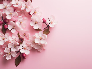 A top-down view captures a flat lay composition of pastel flowers on a pink background