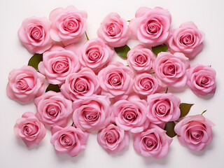 Red flowers of various types create an appealing pattern on a white backdrop