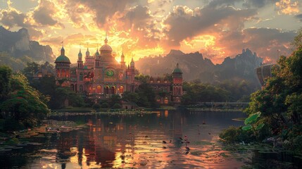 Majestic palace by a serene lake surrounded by nature