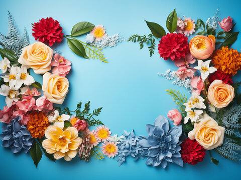 On a white backdrop, a frame of colorful flowers offers space for text