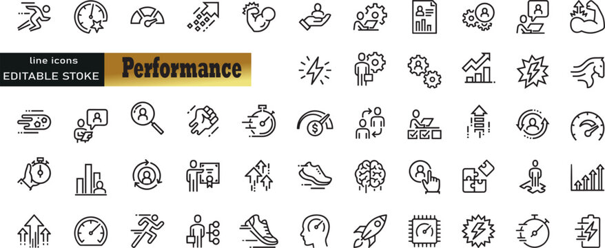 Performance web icons in line style. Speed, improvements, charts, boost, power, collection. Vector illustration.