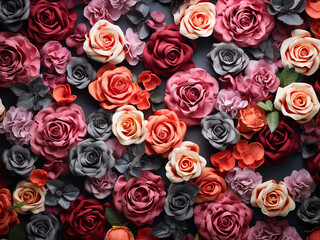 A flat lay arrangement displays numerous roses on a gray background for festive celebrations