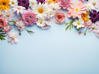 Flowers arranged on a pastel gray backdrop provide a flat lay composition with space for text