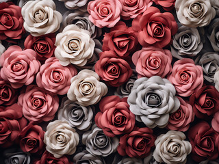 Festive holiday pattern features many roses on a grey background in a top-view flat lay
