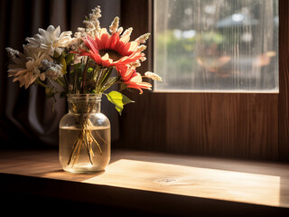 Floral arrangement embellishes a wooden table near a glass window - obrazy, fototapety, plakaty