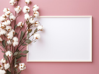 Top view of a pink background displays a floral frame with fresh eucalyptus branches and cotton