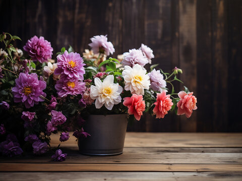 Vintage aesthetic captured with flowers in a pot atop a wooden table