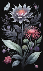 暗いゴシック調の不機嫌な花のテクスチャ背景に驚くほど黒い花が咲く花壇の接写。写実的な効果。