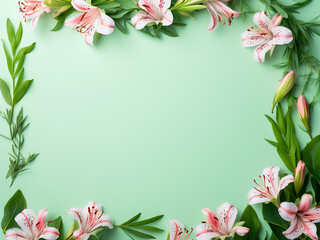 Top view displays alstroemeria flowers framing a text area on a card