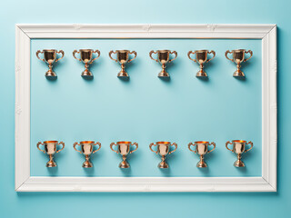 Pastel blue background hosts a frame of winner cups in a flat lay style