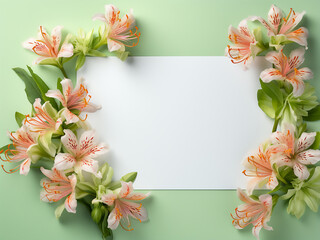 Alstroemeria flowers frame a text area on a light green greeting card