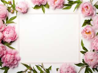 Pink peony flowers, branches, leaves, and petals create a textured frame on white