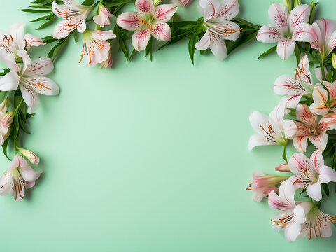 Greeting card on light green background adorned with alstroemeria flowers