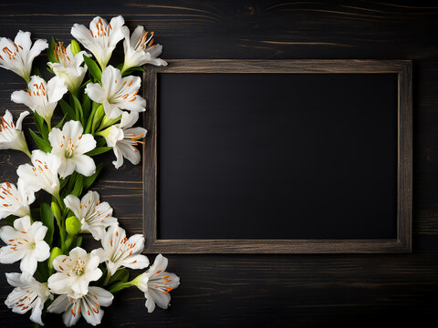 Alstroemeria flowers create a frame for text on a light green greeting card