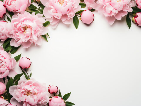 Delicate pink peony flowers form a feminine frame on a white backdrop