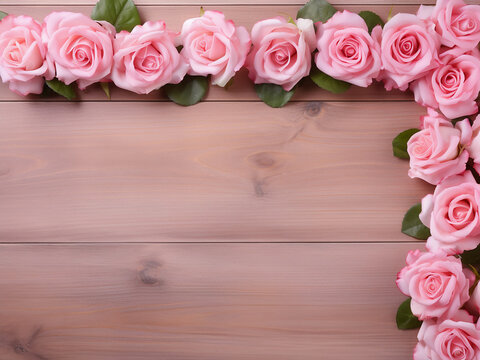 A pink wooden background hosts a frame of pink roses