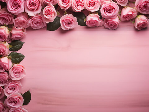 Pink roses arranged on a pink wooden background form a frame