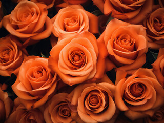 Background texture showcases large, vibrant orange roses