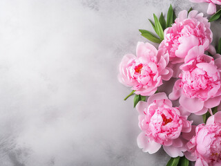 Grey concrete background hosts blooming pink peony flowers