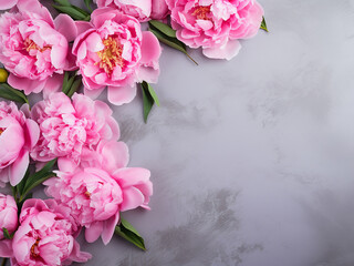 Pink peony flowers bloom beautifully on grey concrete in top view