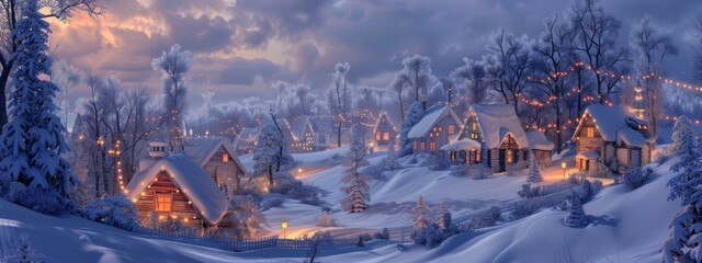 Winter Wonderland at Dusk with Festive Lights
 - obrazy, fototapety, plakaty