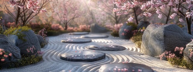 Zen Garden Path with Cherry Blossoms and Stones

