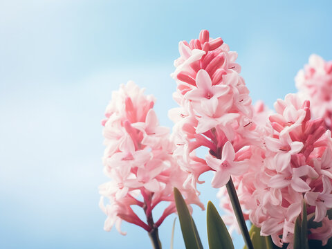 Toned image showcases fresh spring pink hyacinth flowers on a light blue background