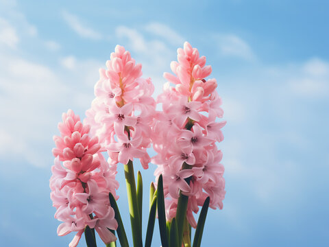 Place for text provided alongside fresh spring pink hyacinth flowers on a light blue background