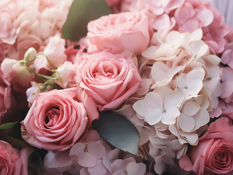 Close-up image of a bouquet containing pink peonies, hydrangeas, and roses