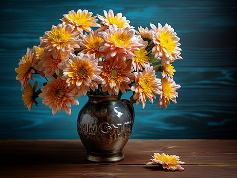 Chrysanthemum blooms arranged on an aged wooden table