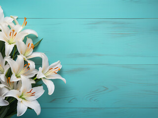 Lily flowers stand out on a backdrop of turquoise wood