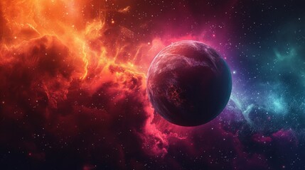 Obraz na płótnie Canvas A breathtaking cosmic scene with a fiery planet set against a vibrant space nebula, conveying the power and vastness of the universe