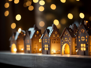 Obraz premium Close-up of wooden house garland with yellow lights