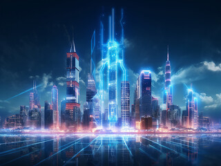 Cityscape bathed in blue light, a glimpse of the future - obrazy, fototapety, plakaty