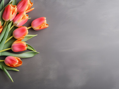 Tulip blooms add color to a gray concrete background