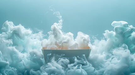 Digital art concept depicting fluffy white clouds mingling with steam from a fresh cup of coffee on a soothing blue background - obrazy, fototapety, plakaty