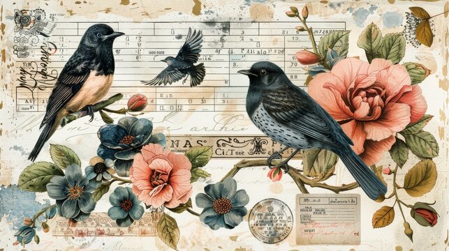 Vintage illustration with birds and flowers
