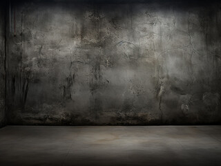 Background texture features grungy dark concrete wall and wet floor