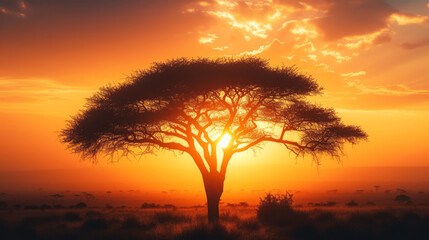 Silhouette of acacia tree in African sunset landscape